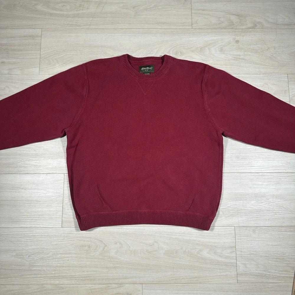 Vintage Eddie Bauer Sweater Mens XL Burgundy Red Cotton Knit Crewneck Pullover - Picture 2 of 7